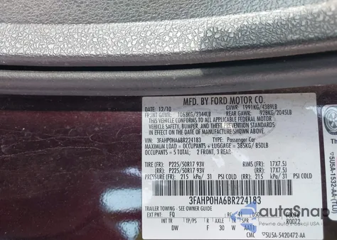 2011 Ford Fusion Se из США, поврежденный, VIN 3FAHP0HA6BR224183